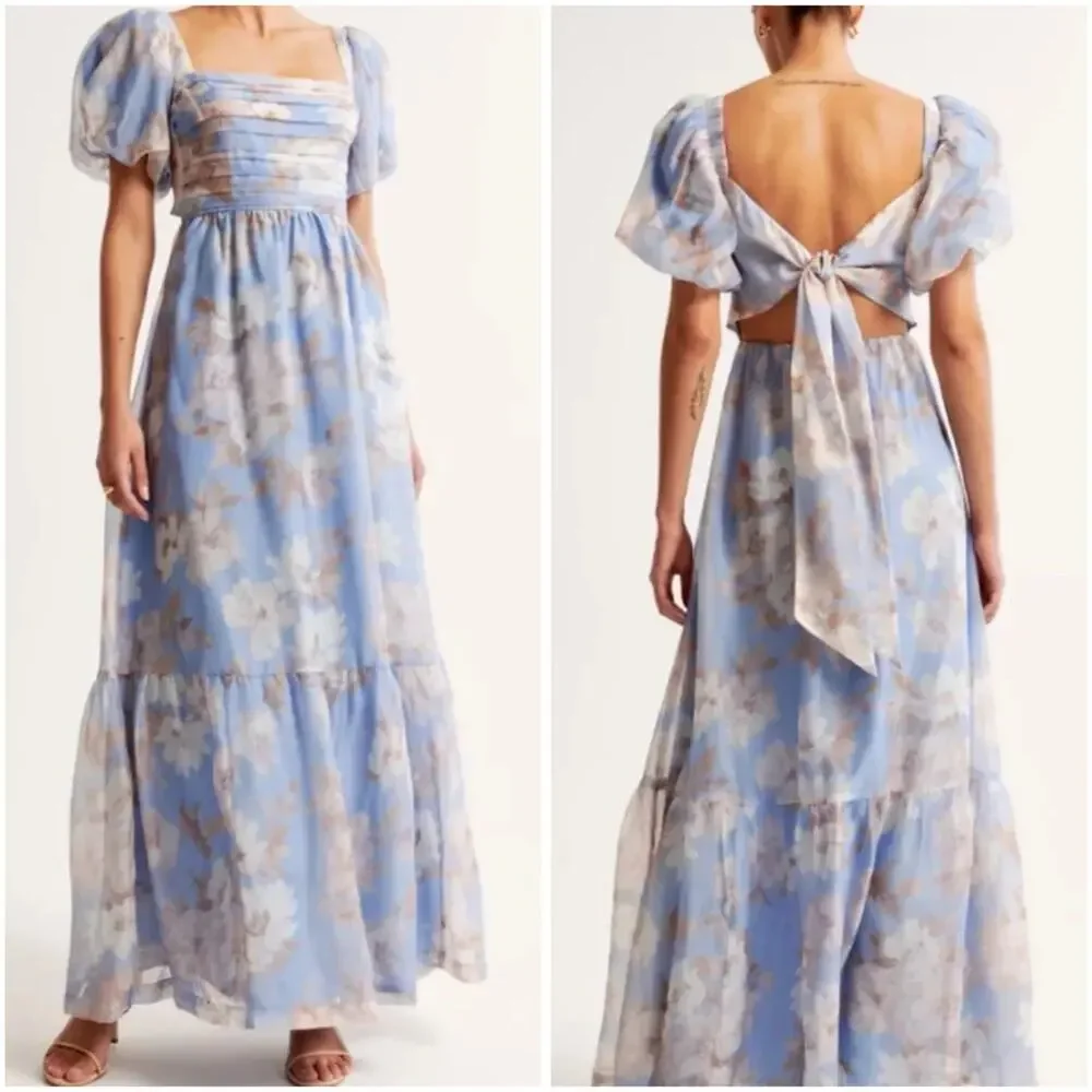 Abercrombie Emerson Drama Bow Back Floral Organza Maxi Dress Blue Large